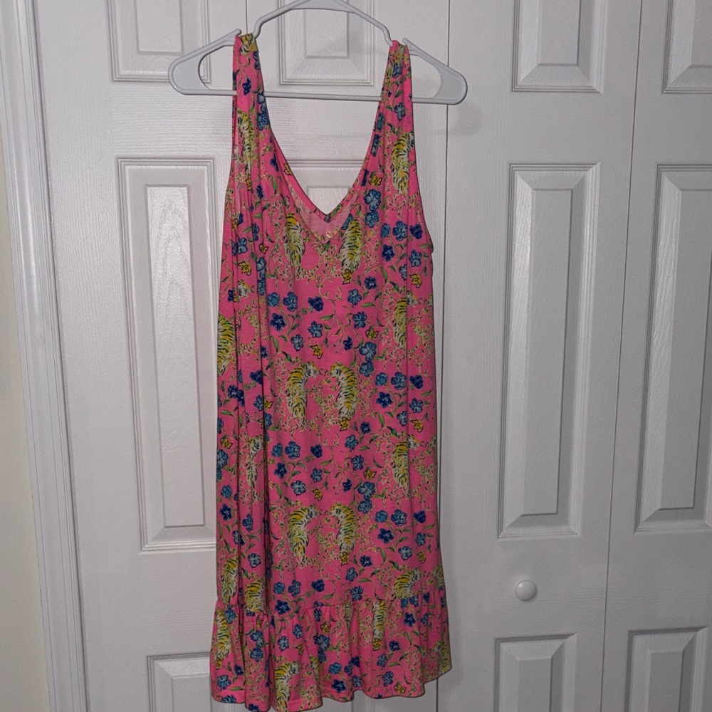 Lilly Pulitzer Pink Floral with Tigers Ruffle-Hem Midi Dress